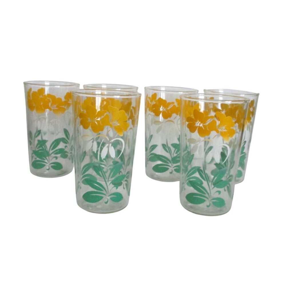 6 Vintage Floral Drinking Glasses Yellow White Green Floral Design Retro Home De